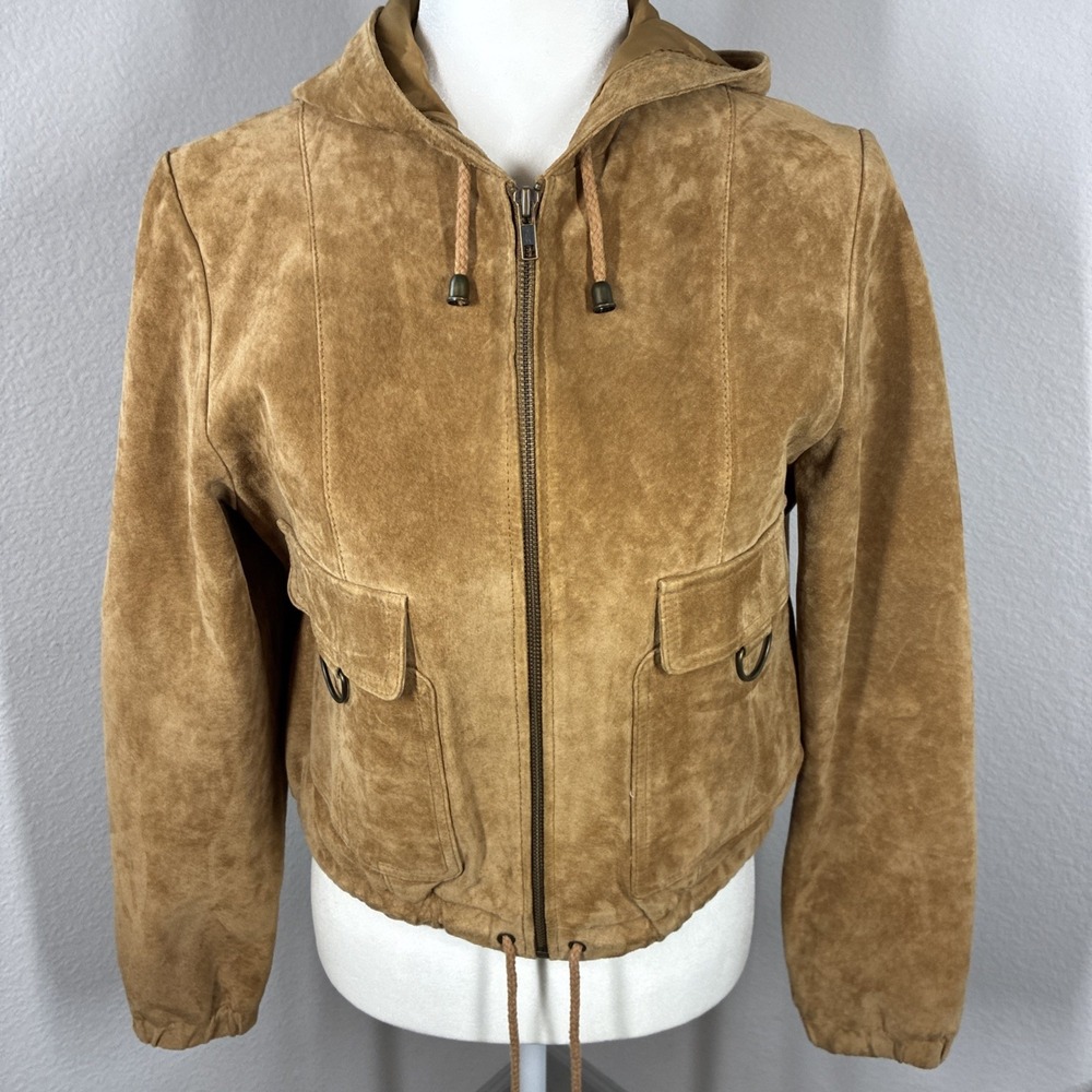 Maxima Wilsons Leather Tan Suede Hood Short Jacket Womens Size Medium Boho